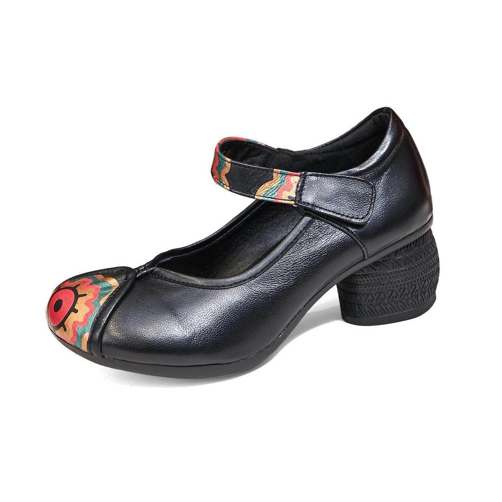 Shoes Women's Shoes Cowhide Chunky Heel Soft Bottom Non-slip Leather Shoes Ethnic Single Shoes