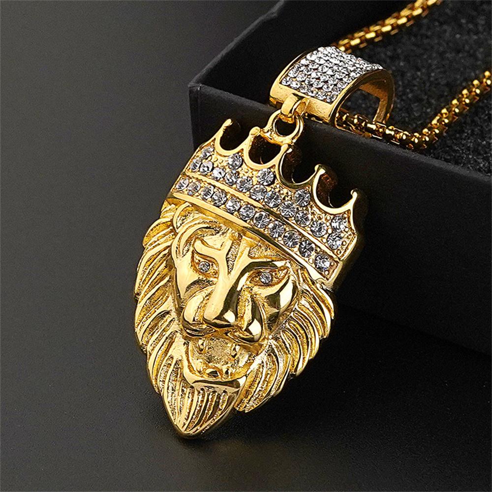 Punk Iced Out Bling Crown King Lion Head Pendant Male Gold Color Stainless Steel Animal Necklace Chain for Men Jewelry Gift 2025