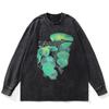 Streetwear Glowing Jellyfish Graphic Washed Black T-Shirt Cotton Unisex Plus Size Long Sleeves T Shirt