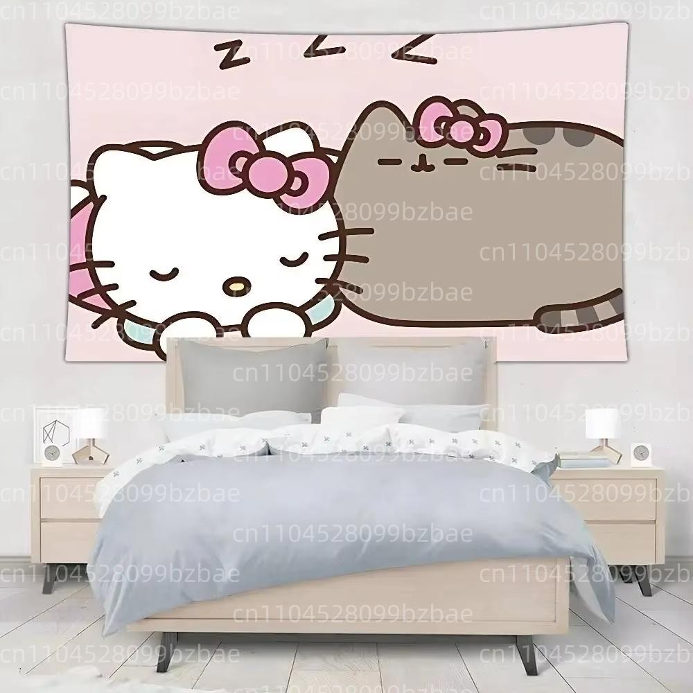 Sanrio Hello Kitty and Cat Cartoon Print Tapestry Bedroom Decoration Celebration Background Design Kawaii Anime Home Decoration