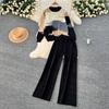 Spring Autumn Oil Painting Print Knitted Sweater Trouser Two Piece Set Women Pullover Tops and Wide Leg Pants Tracksuit