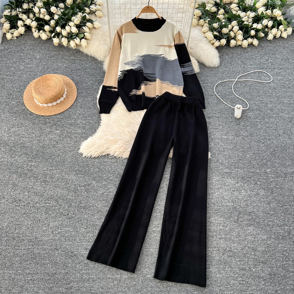 Spring Autumn Oil Painting Print Knitted Sweater Trouser Two Piece Set Women Pullover Tops and Wide Leg Pants Tracksuit
