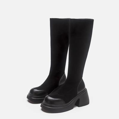 Зимние ботинки на толстой подошве с увеличением высоты, женские ботинки до колена на толстой подошве, эластичные ботинки средней длины, замшевые тонкие ботинки