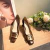 6888-3 French Square Head High Heels Women's Fashion Commuting Temperament Light Mouth Thick Heel Single Shoes Metal Square Buckle High Heels
