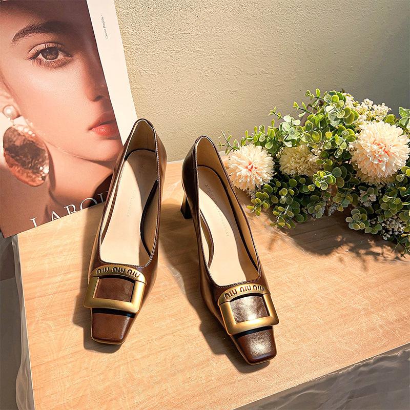 6888-3 French Square Head High Heels Women's Fashion Commuting Temperament Light Mouth Thick Heel Single Shoes Metal Square Buckle High Heels