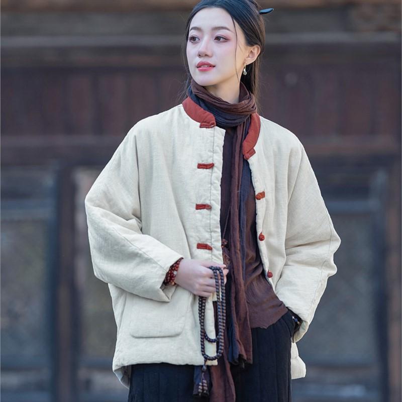 Johnature Китайский стиль пэчворк цвет зима для женщин стойка кнопки теплое пальто карманы пальто