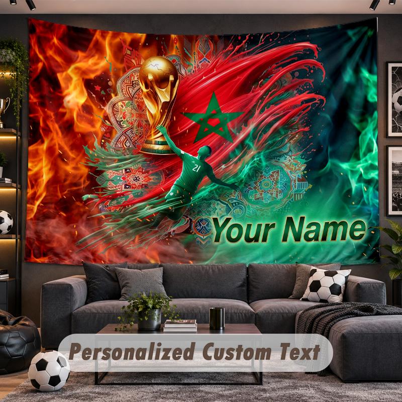 Morocco Football Personalized Tapestry Support Custom Name, Wall Art Home Decoration
