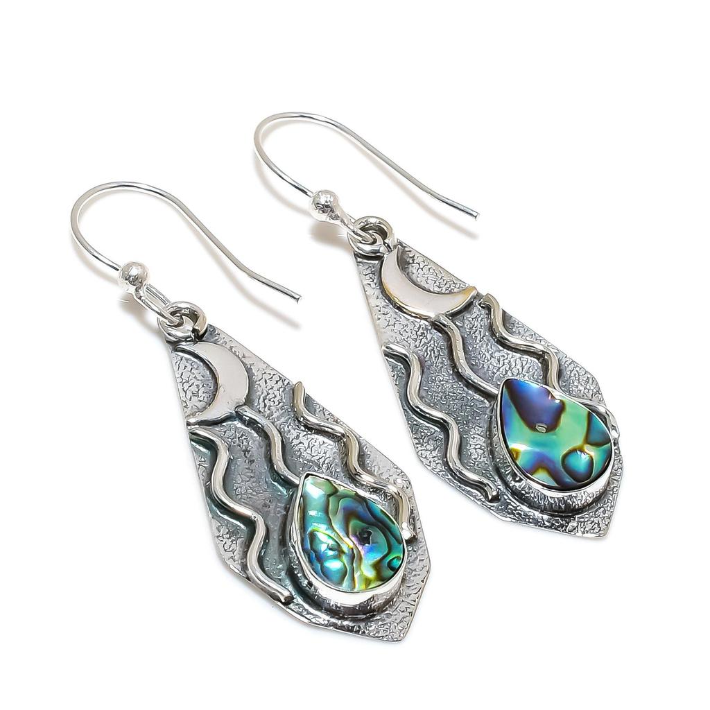 Natural Abalone Shell Gemstone Earrings, 925 Sterling Silver Earring, Handmade Boho Silver Jewelry Dangle Earrings, Birthday Gifts