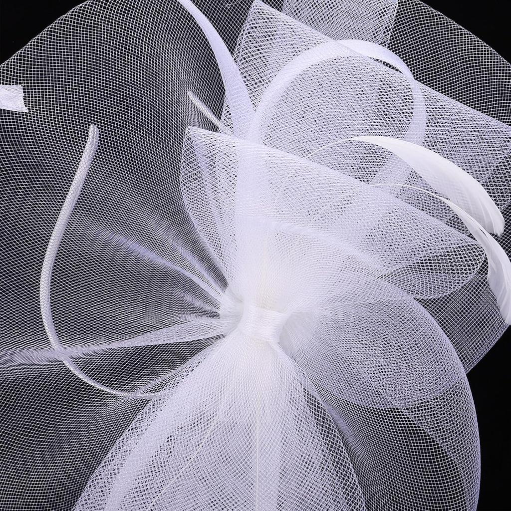 White Bowknot Fascinator Hat with Mesh Veil Flower Clip for Women Brides Tea Party Wedding Church Special Occasion Accessories