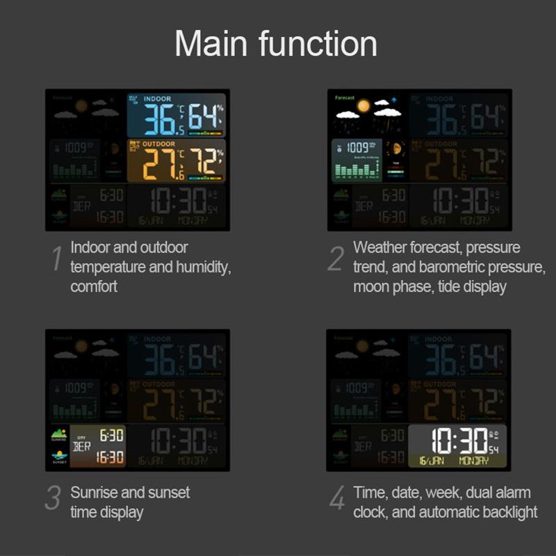 Беспроводная метеостанция с большим цветным экраном, цифровым двойным будильником, барометром, термометром, гигрометром, датчиком прогноза погоды