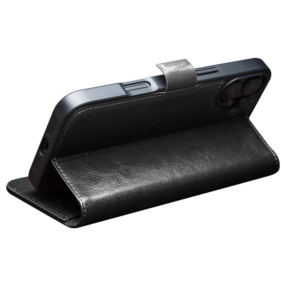 QIALINO For iPhone 16 Case TPU+Genuine Cow Leather Wallet Phone Cover