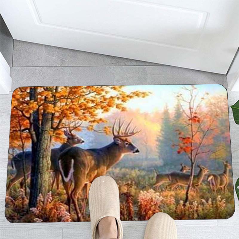 Deer Carpet Cartoon Elk Moose Pattern Carpets Kitchen Mat Bedroom Living Room Doormat Home Hallway Balcony Anti-Slip Floor Mat