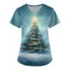 Women's Cute Printed Work Clothes V-neck Double Layer Pockets Basic Short Sleeve Top Pullover Christmas