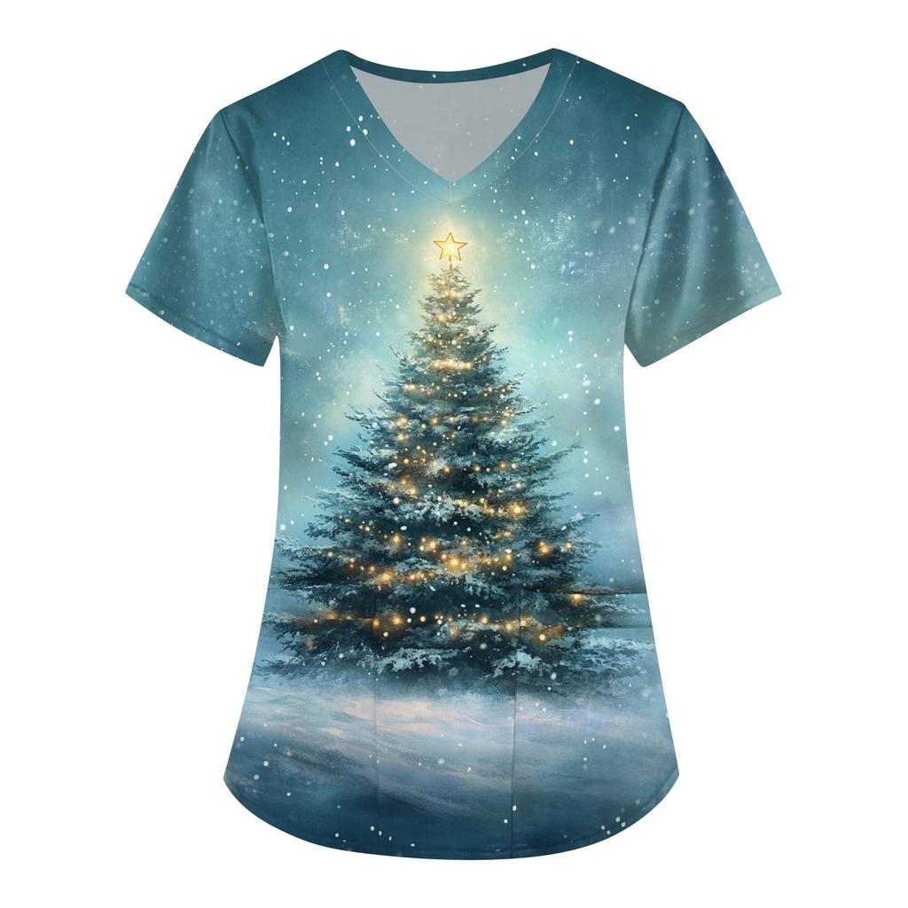 Women's Cute Printed Work Clothes V-neck Double Layer Pockets Basic Short Sleeve Top Pullover Christmas