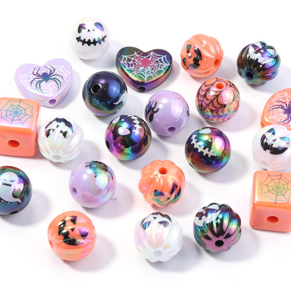 10pcs/lot Halloween Series Printed Beads Colorful Loose Round Heart Shape Acrylic Beads For DIY Charms Bracelet Necklace Jewelry