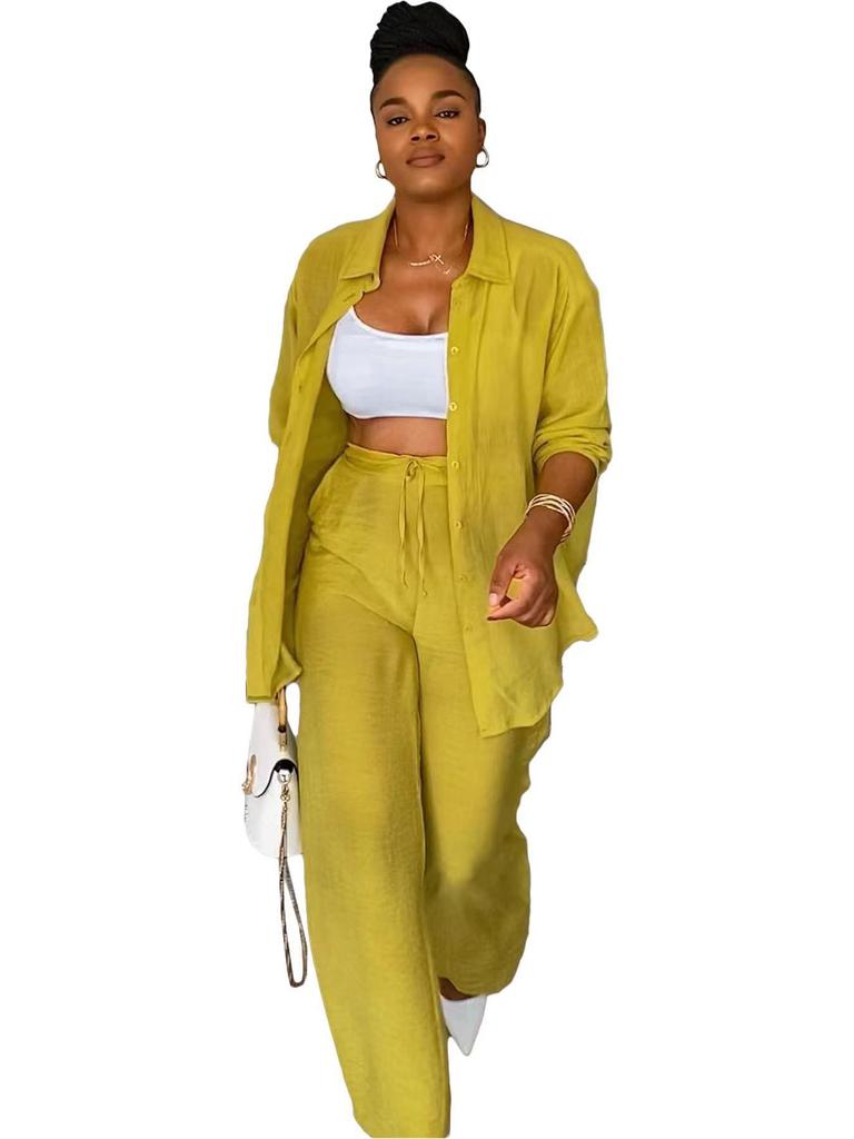 Y6020 Women's European & American Casual Two-Piece Set: Long-Sleeved Shirt & Straight Pants for Spring & Autumn 2024