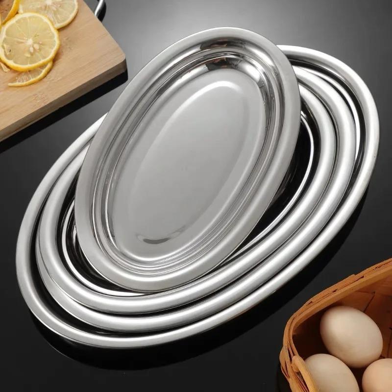 Multi-Size 304 Stainless Steel Oval Fish Plates Household Food Dinner Steamed Shallow Plate Dishes Kitchen Tableware Dinnerware
