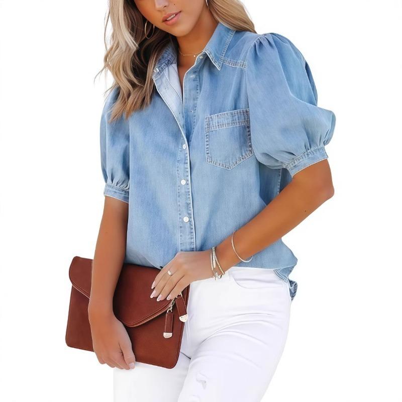 Женская джинсовая рубашка с пышными рукавами, на пуговицах спереди, с коротким рукавом, повседневная блузка, разноцветная