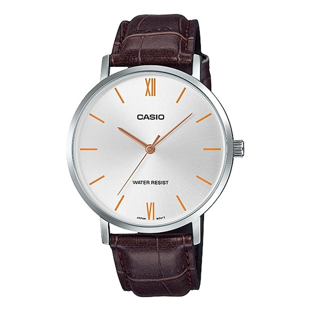 Casio Мужские кварцевые часы MTP-VT01L-7B2 Серебристые с коричневым кожаным ремешком