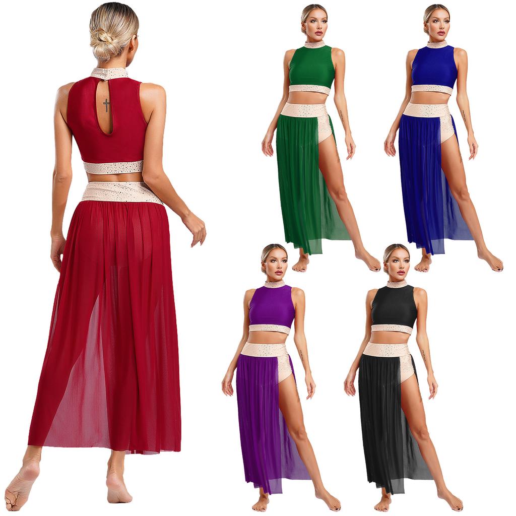 Women's Lyrical Dance Costume S-XL: Mock Neck Sleeveless Keyhole Back Rhinestone Crop Top & Side Split Flowy Mesh Skirt for Performance