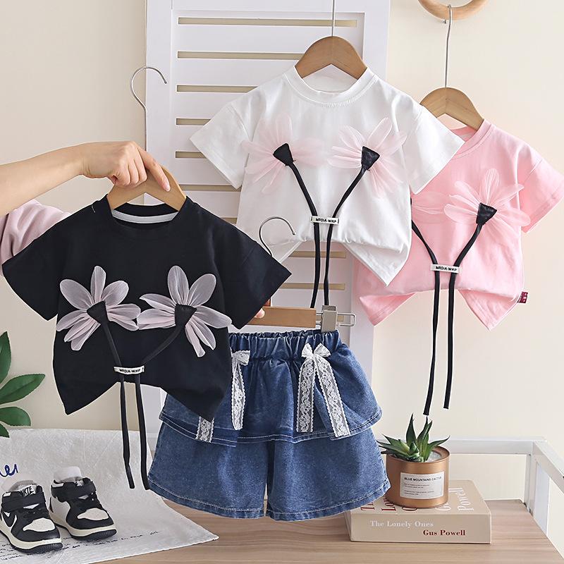 Girls Summer Cartoon Bear Print Denim Pants and Short Sleeve Two Piece Set