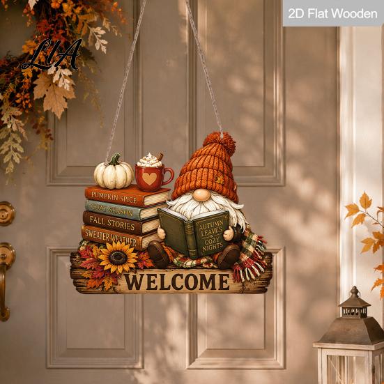 Farmhouse Porch Decoration Fall Thanksgiving Wooden Sign Door Hanger, 2D Sunflower Pumpkin Gnome Wall Creative Housewarming Gifts Plaque, Rustic