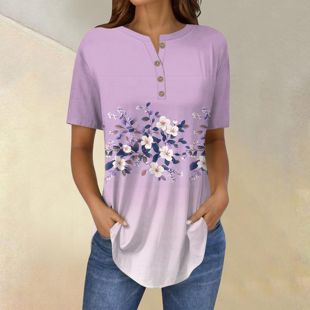 Short Sleeve Womens Tops Summer T-Shirts Floral Print V Neck Casual Basic Tee Button Shirts Tunic Tops
