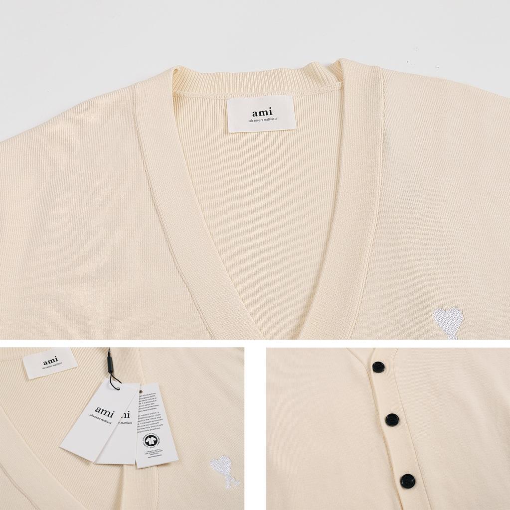 AMI Autumn and Winter New Little White Heart Alpaca Wool Blended Soft and Sticky Knitted Cardigan Round Neck Cloud Sweater Pocket Coat