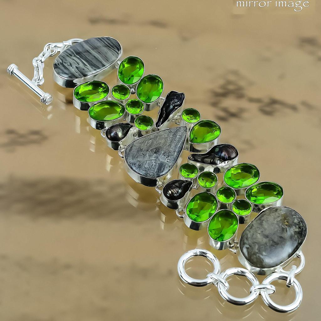 Gift For Her 925 Silver Natural Silver Leaf Jasper Chain Adjustable Bracelet