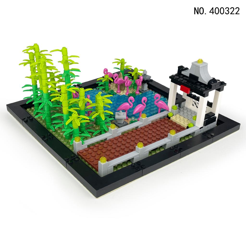 400322 City Wetland Park Grass River Small Grain Floor Bird Animal Model Vegetation Leaves Garden Pavilion Building Block Toy