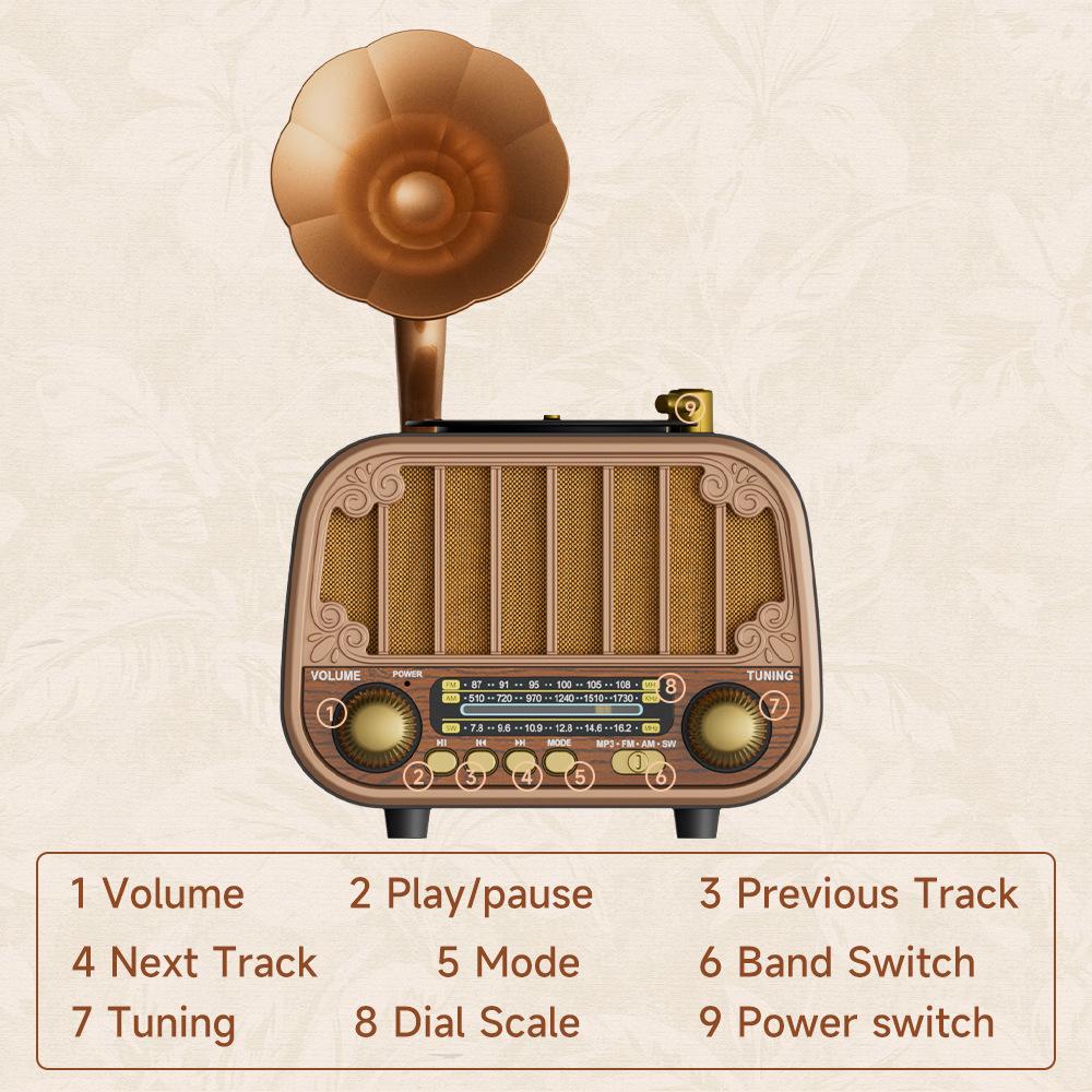 Ретро-портативная Bluetooth-колонка в стиле граммофона с FM/AM/SW радио.