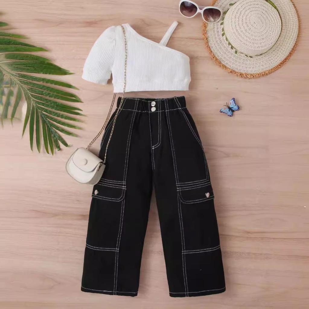 Комплект одежды для девочек: Летний детский однотонный пуловер с короткими рукавами и открытыми плечами, комплект из двух предметов с цветными джинсовыми брюками