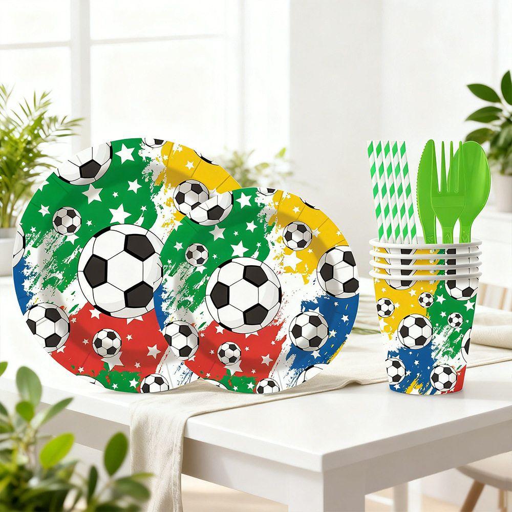 World Cup Soccer Party Tableware Set: Disposable Paper Plates, Cups, Straws, Tablecloths, Banners, and Decorations
