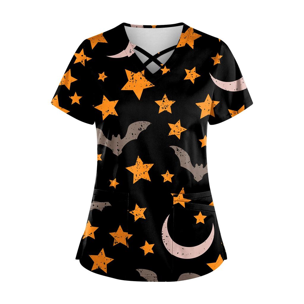 Плюс размерСкраб с принтом Рабочая форма Топы для женщин Крест V-образным вырезом Хэллоуин Принт с короткими рукавами Забавные футболки Спецодежда Футболка с карманами