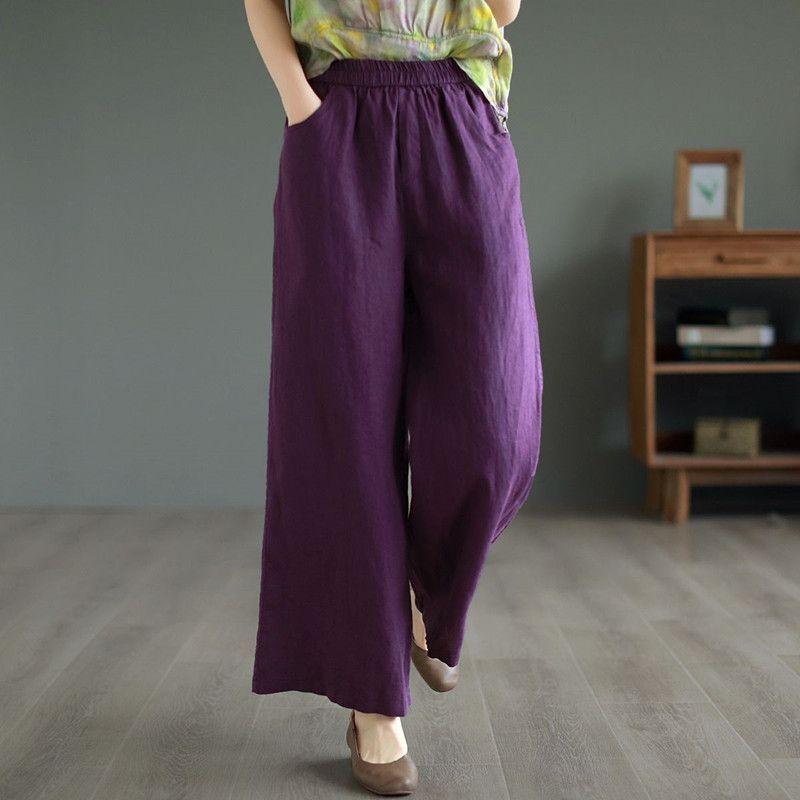 Женские хлопковые льняные шаровары, летние мешковатые эластичные прямые брюки с высокой талией, повседневные свободные женские брюки