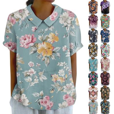 Женская повседневная пуловерная футболка с короткими рукавами и круглым вырезом, базовая рубашка с принтом, топ с лацканами