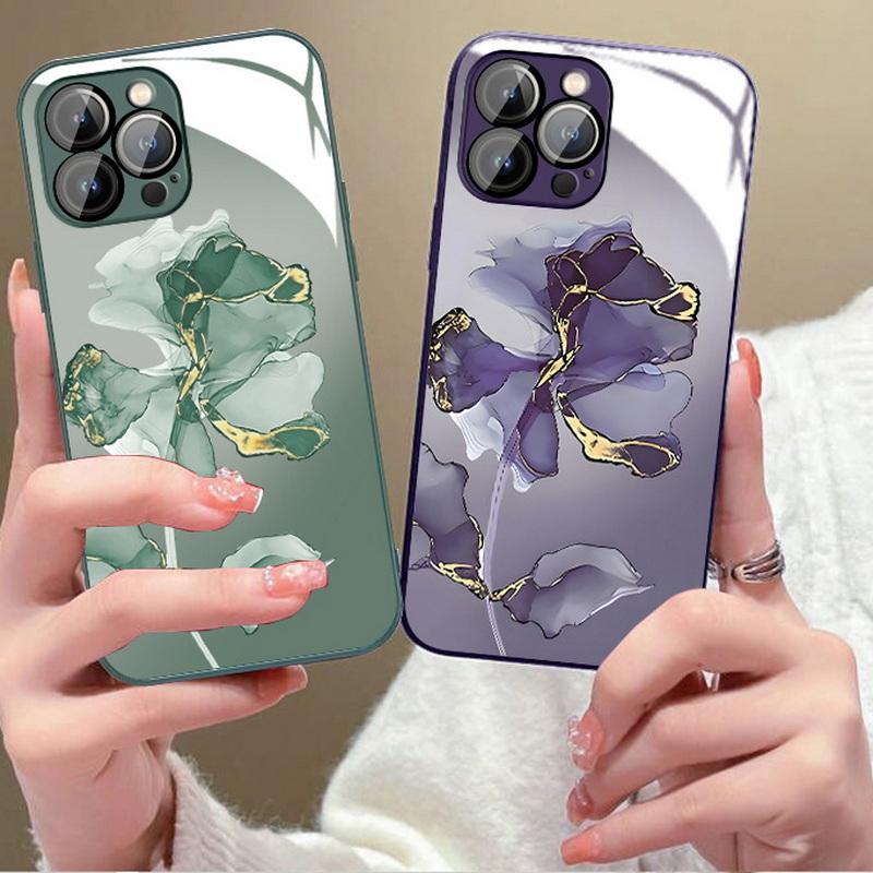 Стеклянный чехол для телефона с мраморным цветочным узором для iPhone 15 14 Pro Max 13 12 11, противоударный защитный чехол для объектива камеры