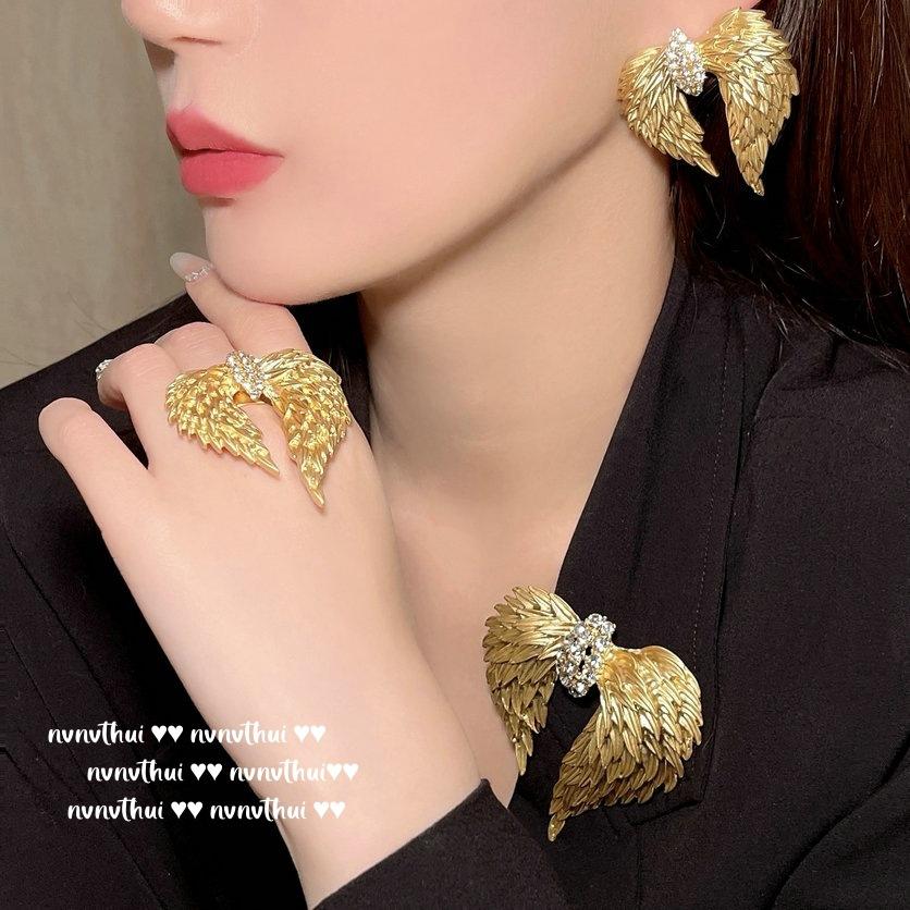 Серьги-перья Fengyi Thousands Of Wings с драгоценными камнями, винтажные, с покрытием 18 карат золотом, комбинированные с брошью-крыльями с тиснением