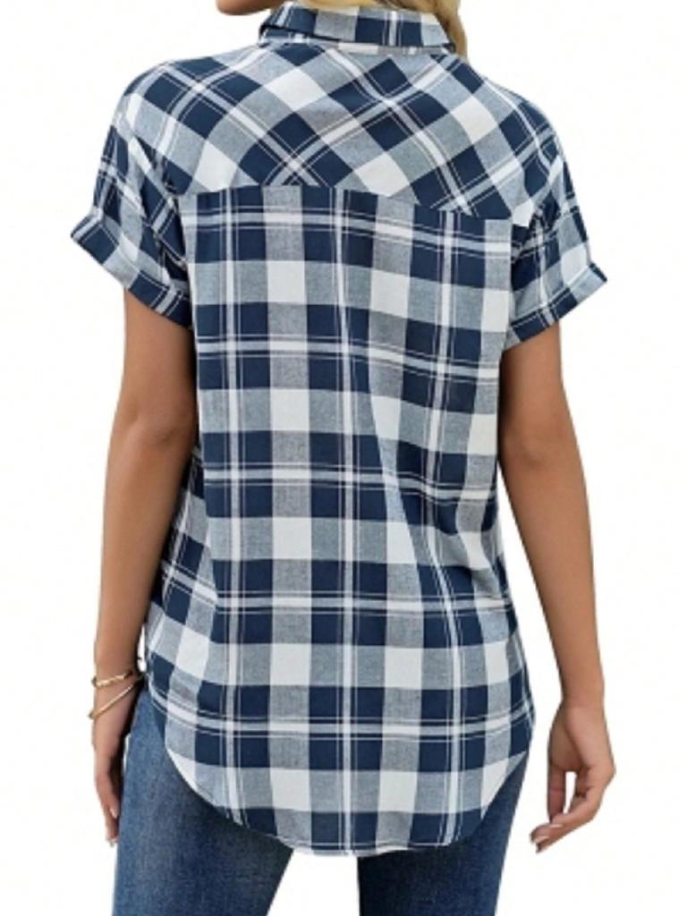 Women's Plaid Button Down Shirt Short Sleeve Casual Summer Blouse Top