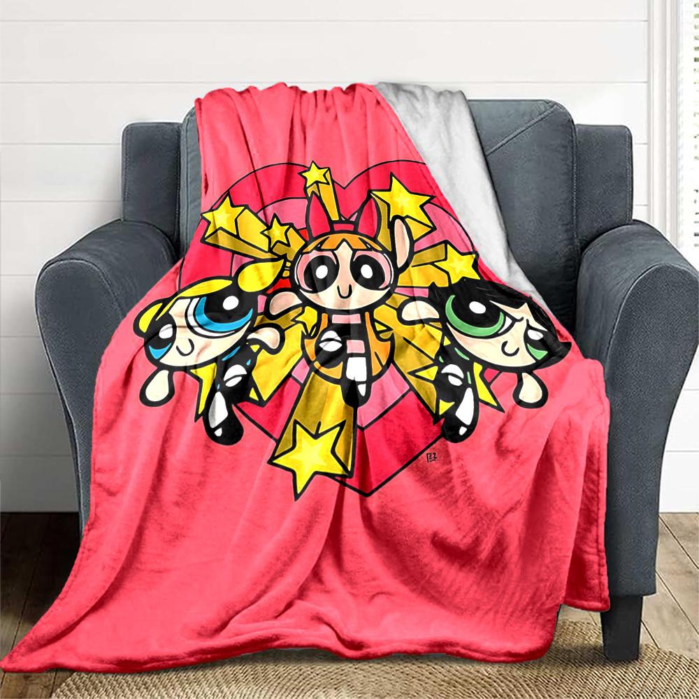 1pc Powerpuff Girls Blanket Lightweight Flannel Throw For Sofa, Bed, Travel, Camping, Livingroom, Office, Couch, Chair, And Bed