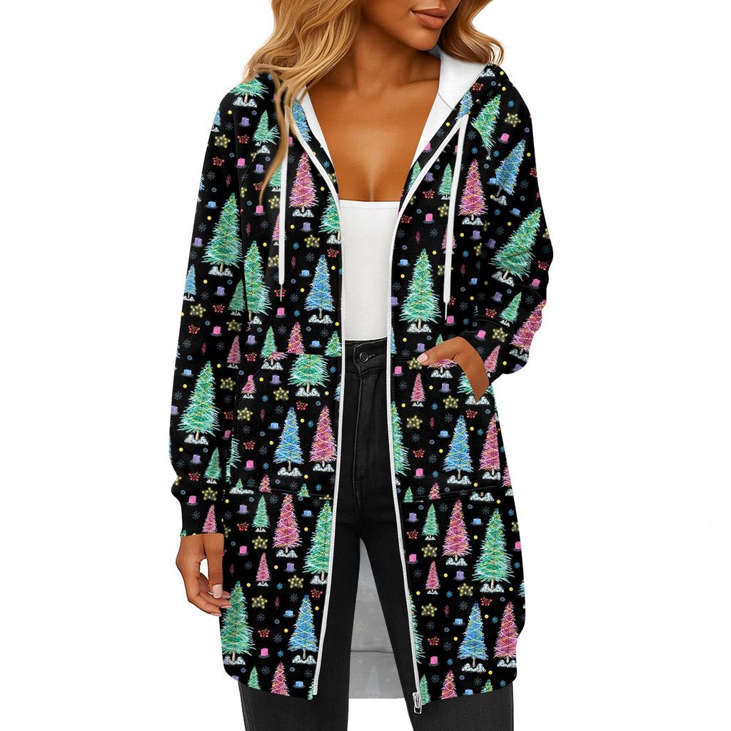 Women's Fashionable Christmas Printed Long Sleeved Drawstring Hooded Zipper Pocket Long Casual Sweatshirt Jacket