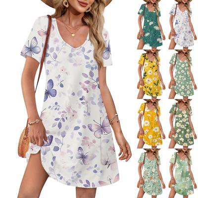 Летние платья для женщин, свободные повседневные платья с V-образным вырезом и коротким рукавом, сарафаны, купальники, накидки с карманами