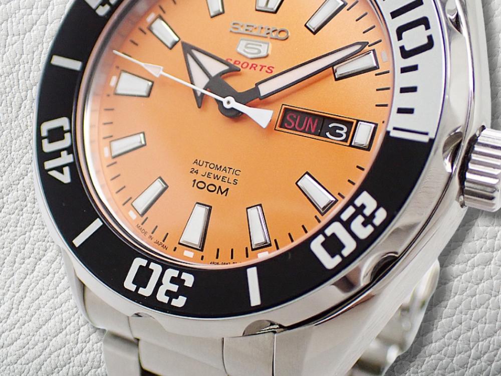 SEIKO 5 SPORTS SRPC55 4R36-06R0 SS  Orange Dial W-Lock Bracelet Automatic Used