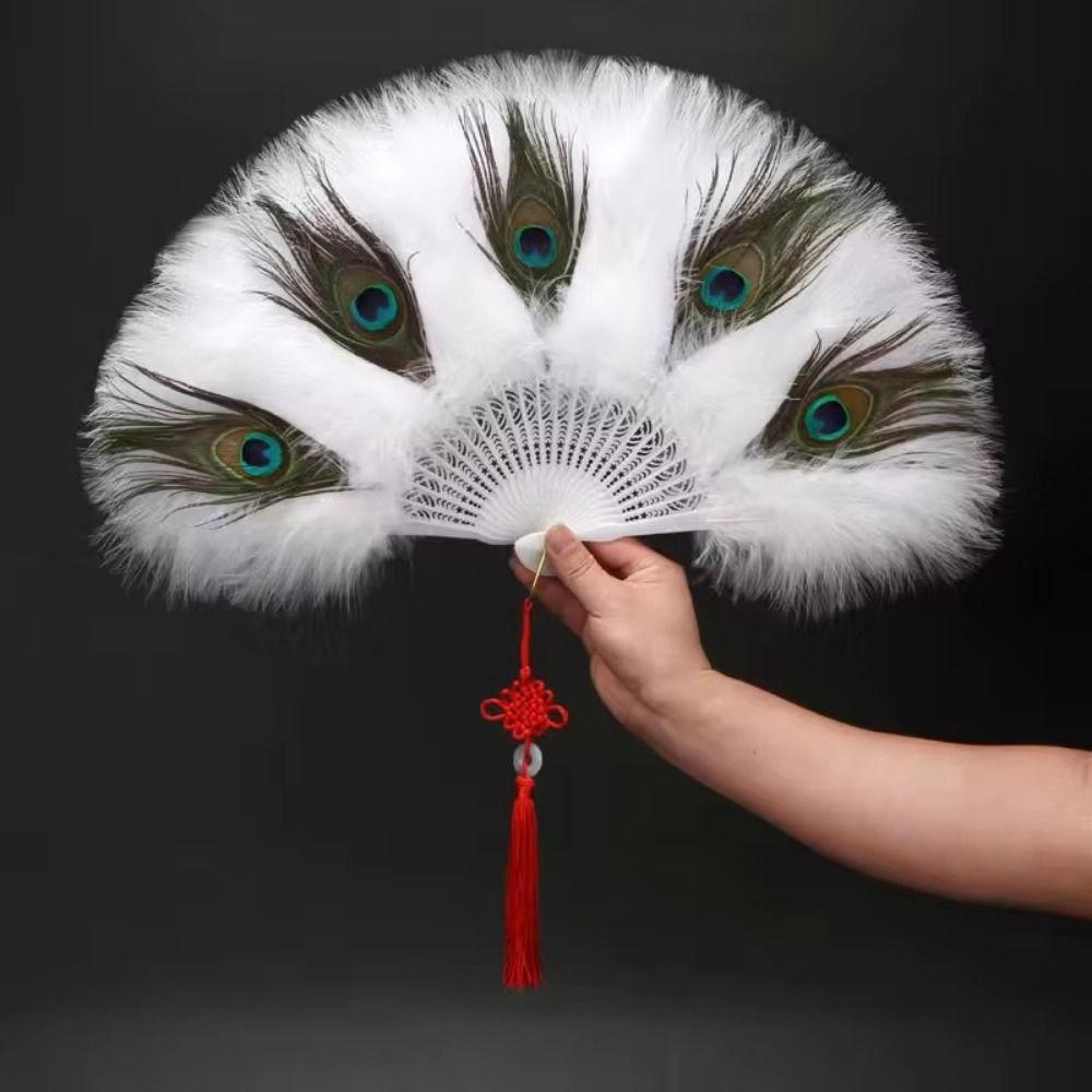 Handheld Peacock Feather Fan With Tassel Feather Dance Fan Elegant Folding Hand Fan Home
