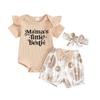 Baby Girl Summer Set 3 6 12 18 Months Letter Print Short Sleeve Ribbed Romper Floral Shorts Bow Headband Infant Toddler 3 Piece Outfits