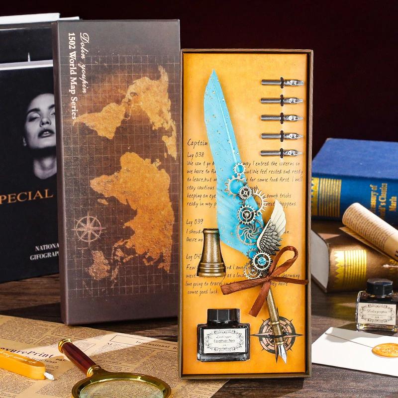 Luxury Fountain Pen Set Vintage Sprinkling Gold Feather Pens Ink Bottle Calligraphy Writing Dip Pen-s Birthday Gift 5 Nib Quill