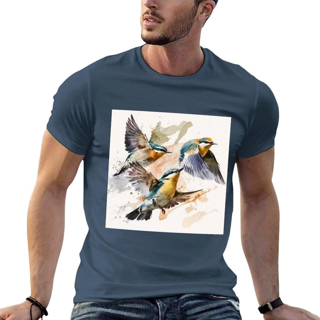 bird group flying watercolor TShirt Festival Casual Short Sleeve