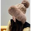 Hunting-Style Women's Faux Fox Fur Pom-Pom Earflap Hat Wool Knit Business Travel Ski Beanie 100% Polyester