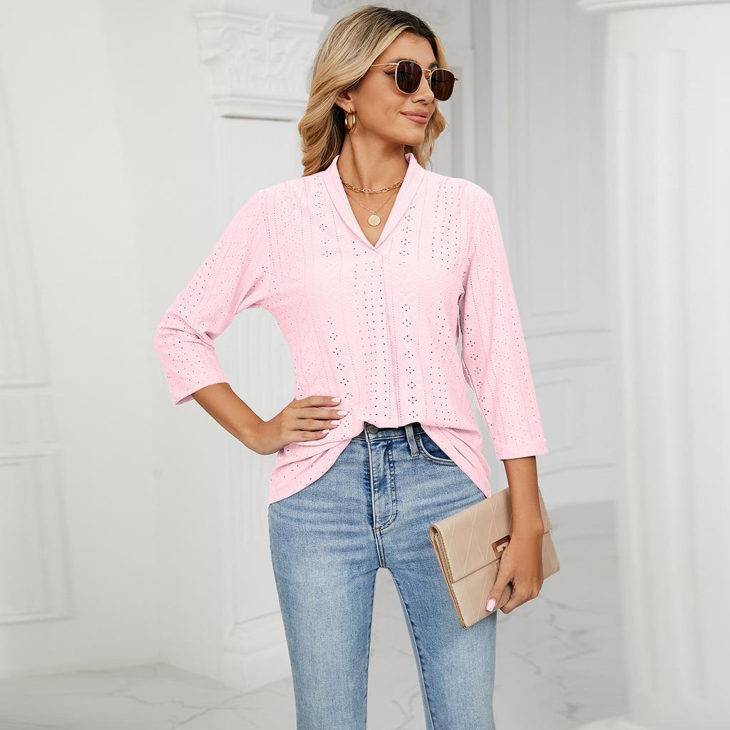 GMXIA Женские модные повседневные однотонные блузки и рубашки с v-образным вырезом и рукавом 3/4 с принтом