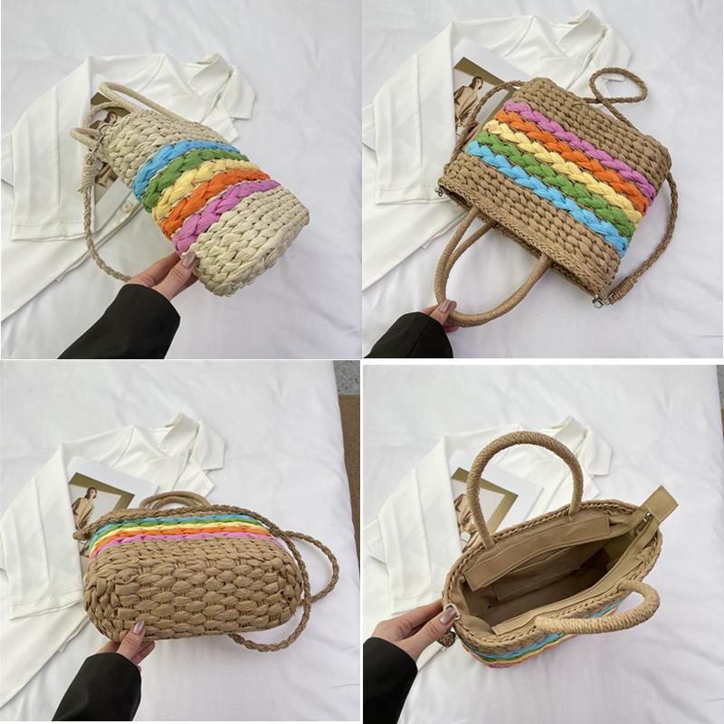 Плетеные сумки-корзины радужного цвета для женщин, большие ремесленные соломенные пляжные сумки, сумка через плечо